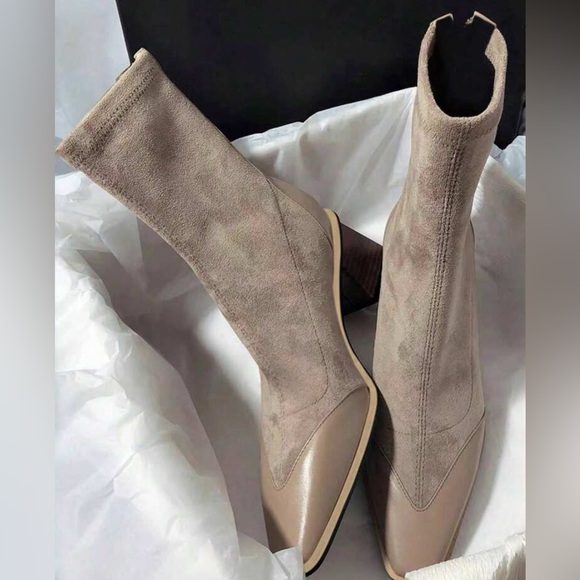 Beige Suede High-Heeled Boots - Picture 2 of 4